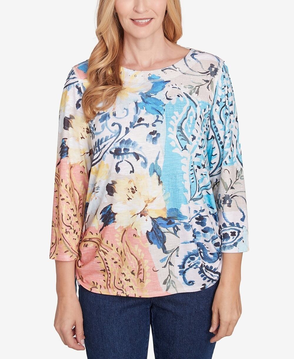 Alfred Dunner Top Womens XL Multicolor Floral Patch Ruched Tie-Hem Cottage NWT
